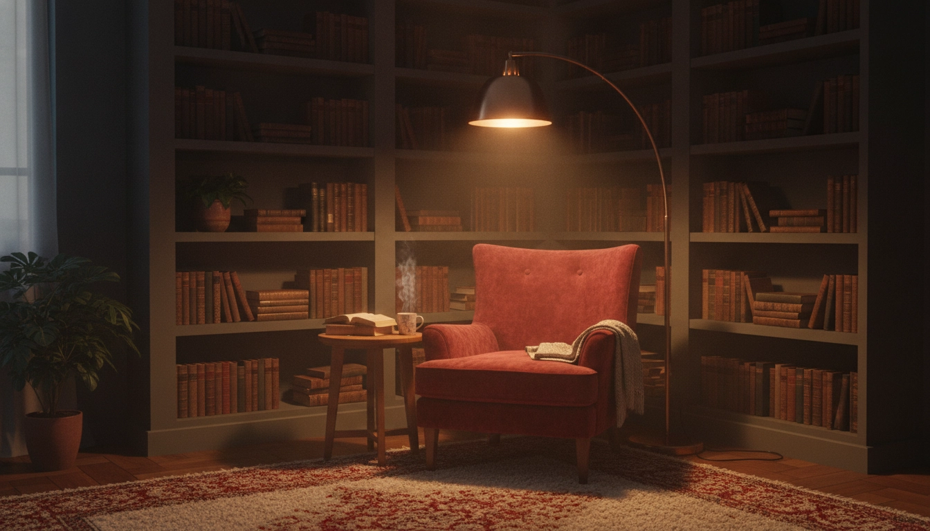 Comment créer une ambiance lumineuse chaleureuse coin lecture sombre avec un fauteuil en velours et un éclairage tamisé.