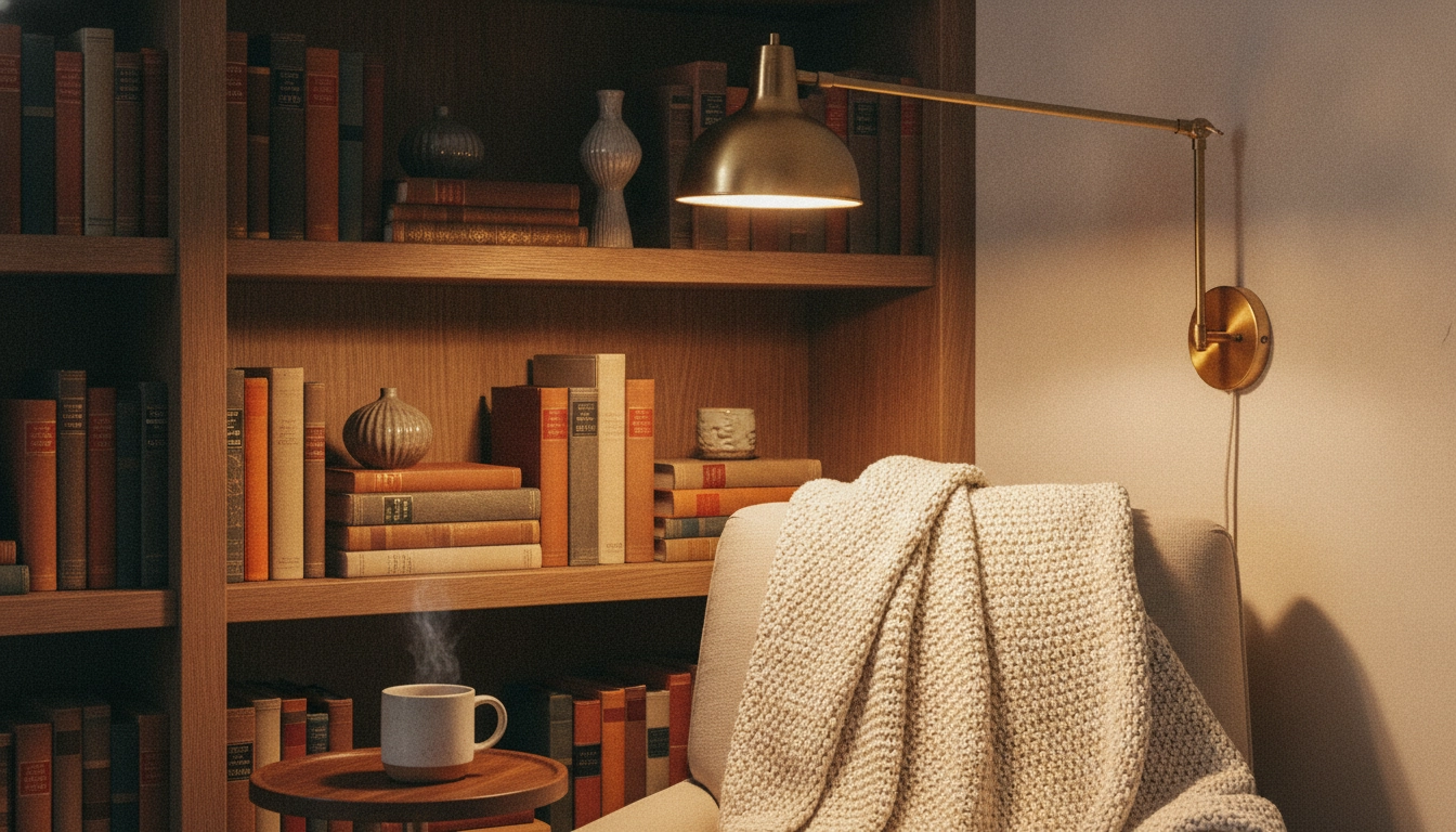 Détails de décoration avec des touches dorées pour refléter la lumière dans un petit coin lecture.