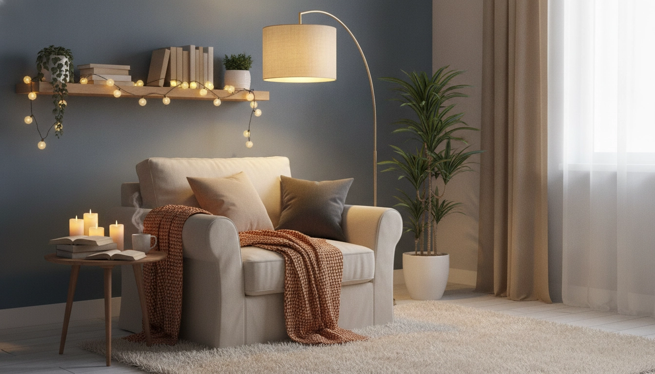 Un fauteuil confortable dans un coin lecture sombre transformé par des lampes chaleureuses et une décoration lumineuse.