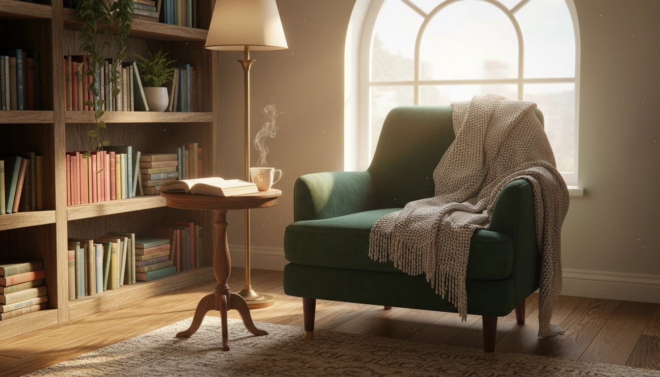 Aménagement coin lecture cosy avec fauteuil en velours vert et bibliothèque en bois