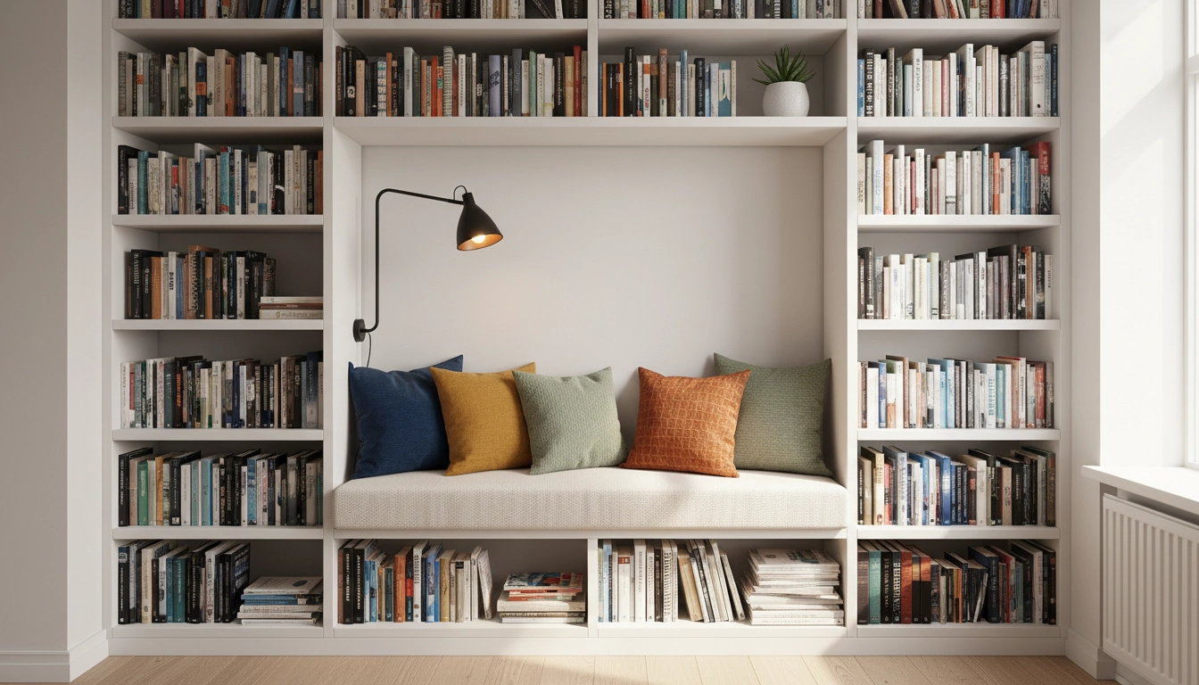 Petit espace lecture aménagé avec bibliothèque intégrée et banquette rembourrée