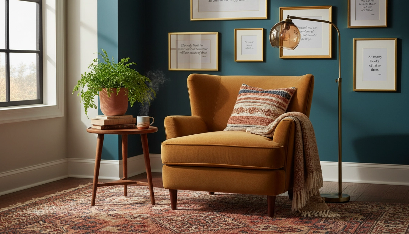 Décoration d'un aménagement coin lecture avec fauteuil vintage, plantes et citations encadrées