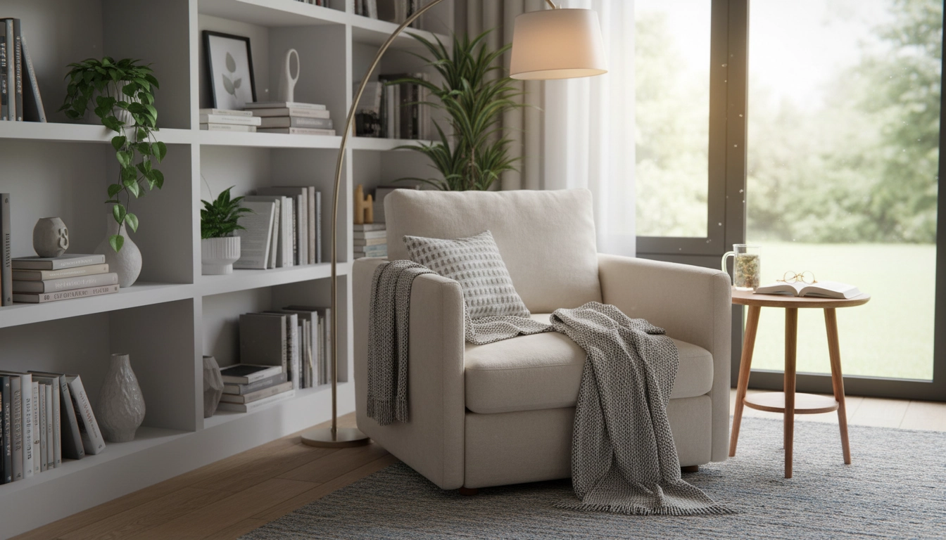 Aménagement coin lecture cosy avec fauteuil, lampe et bibliothèque