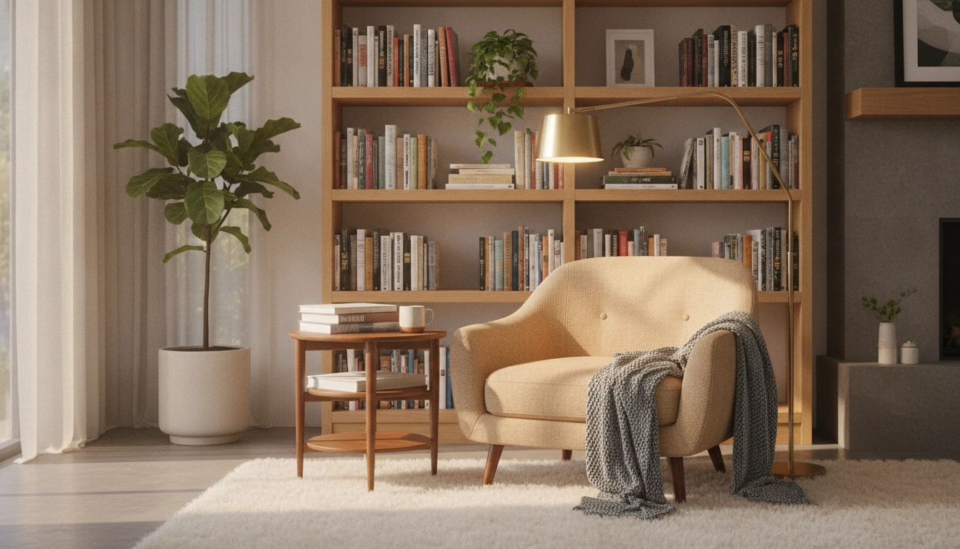Exemple réussi d'aménagement esthétique coin lecture cosy et fonctionnel dans un salon moderne.
