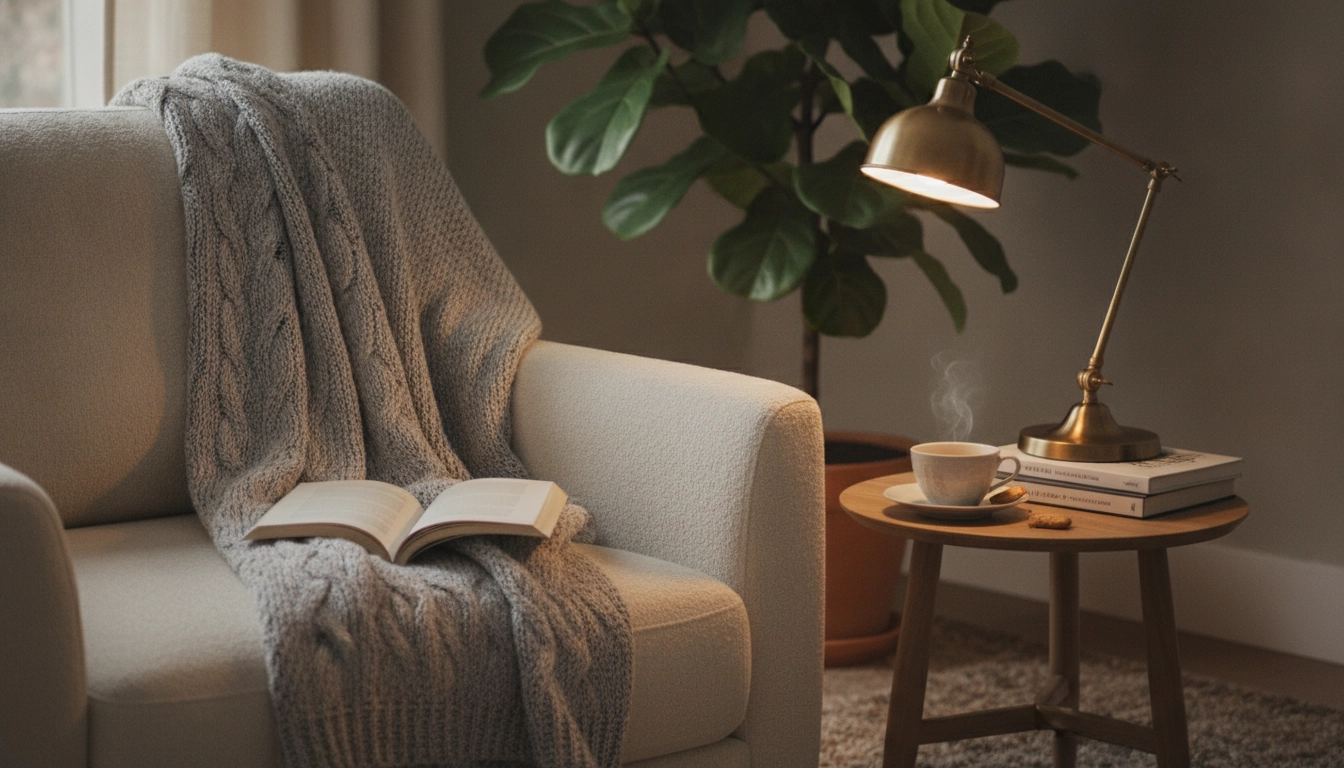 Détails d'un coin lecture cosy avec plaid et lampe liseuse.