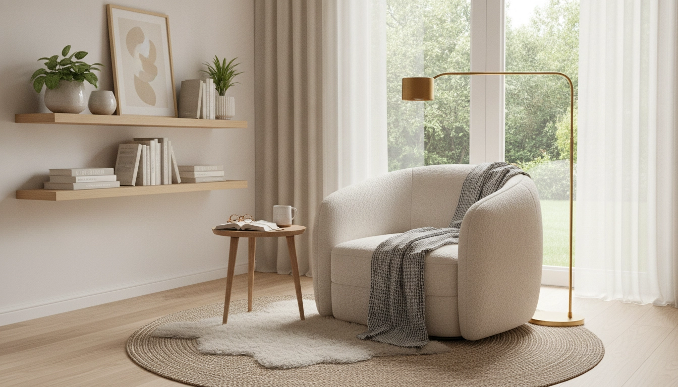Aménagement esthétique d'un coin lecture cosy et fonctionnel avec un fauteuil confortable et une bibliothèque intégrée.