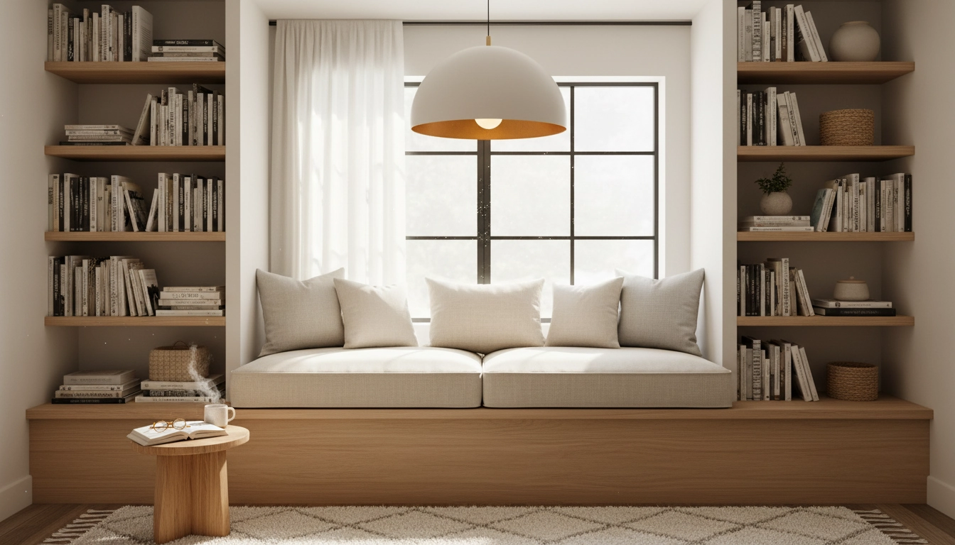 Aménagement petit espace lecture dans une embrasure de fenêtre avec banquette sur mesure et étagères flottantes