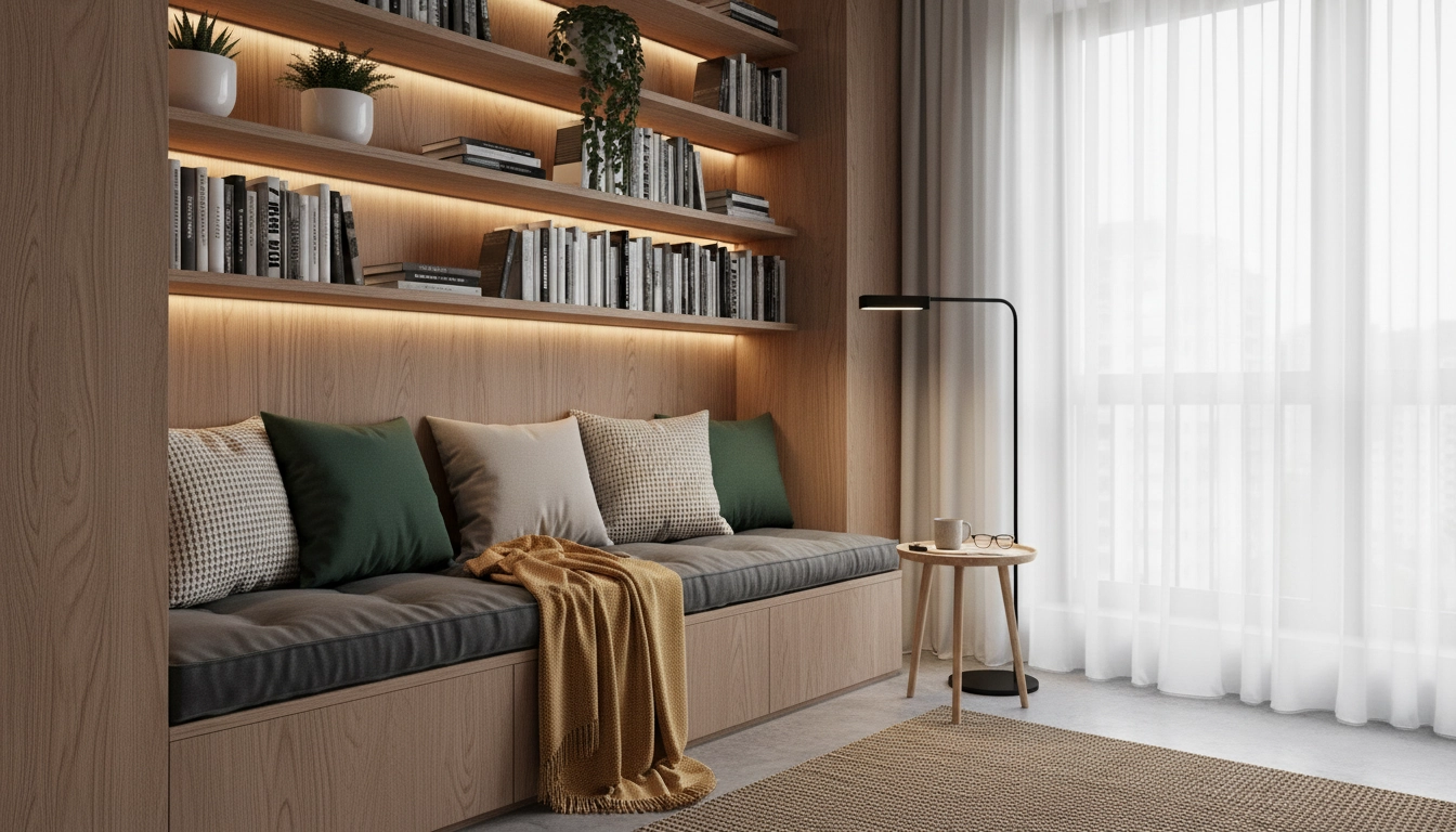 Aménagement petit espace lecture avec fauteuil compact, étagères flottantes et éclairage chaleureux dans un appartement moderne