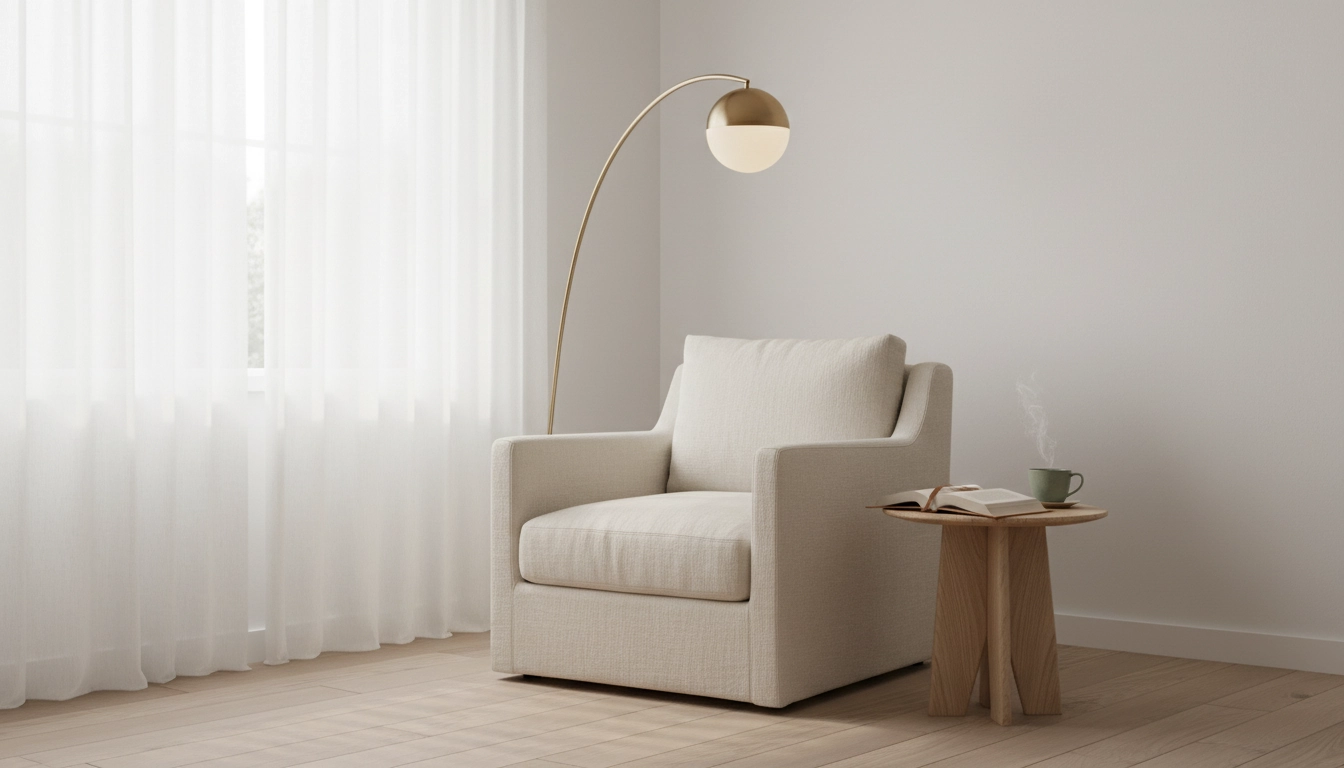 Coin lecture minimaliste épuré pour aménager un espace sans distractions visuelles avec fauteuil beige et lampe sur pied