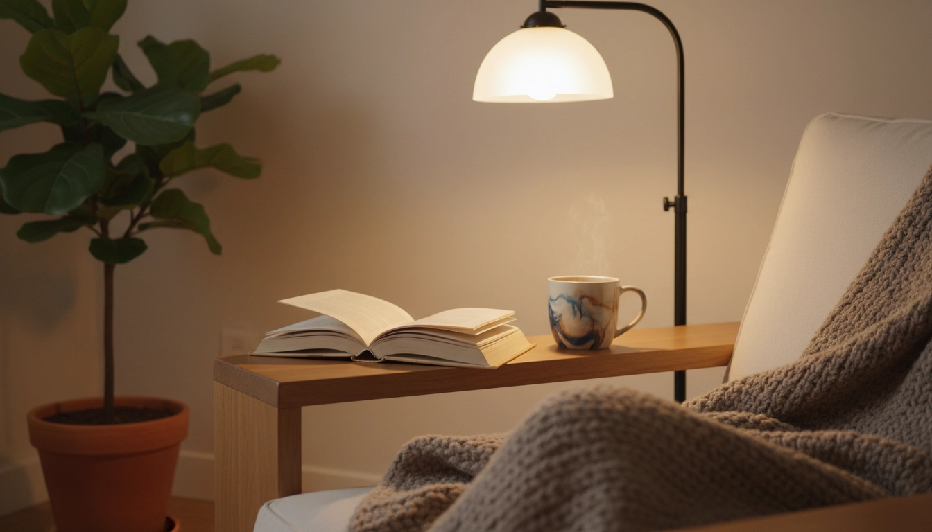 Vue depuis un fauteuil de lecture pour aménager un coin lecture sans distractions visuelles, mur neutre et plante verte