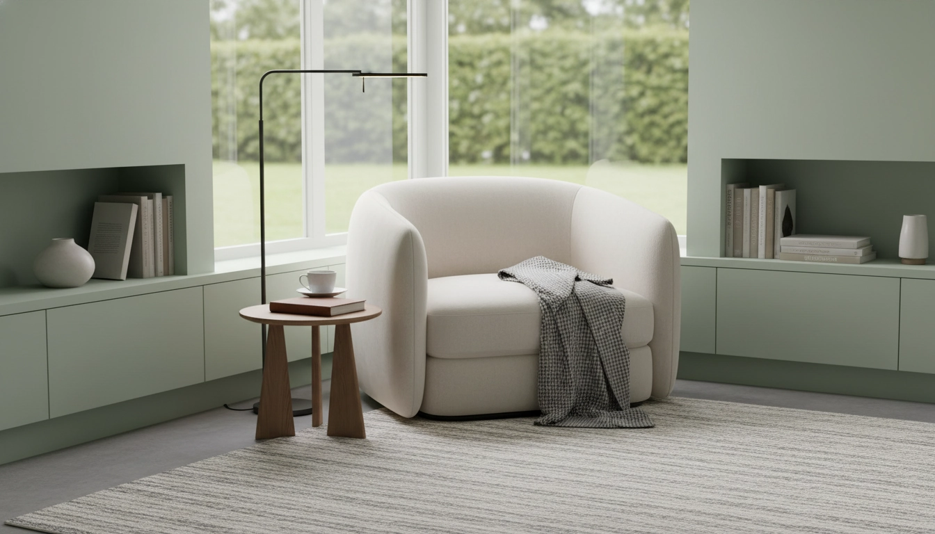 Coin lecture épuré avec fauteuil confortable, lampe de lecture et mur uni pour aménager un espace sans distractions visuelles