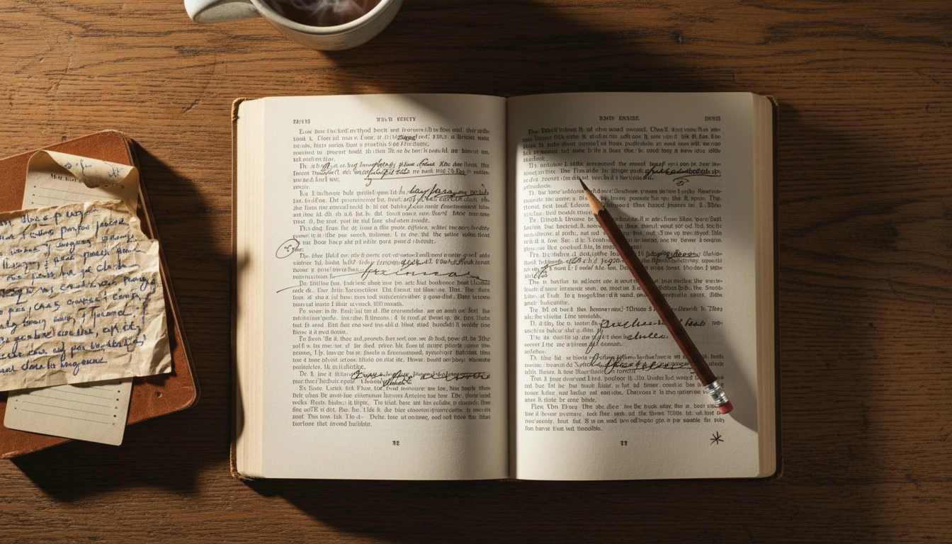 Livre ouvert avec annotations manuscrites pour la pratique de l'analyse critique d'un texte littéraire