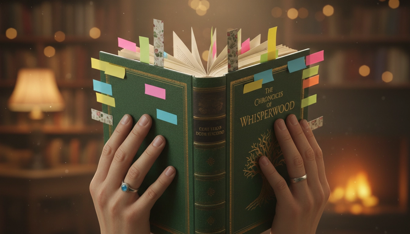 Mains tenant un roman annoté avec des marque-pages colorés lors d'une lecture analytique approfondie