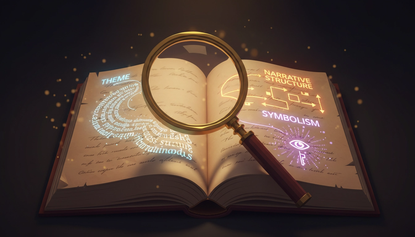 Illustration symbolisant l'analyse critique d'un texte avec loupe révélant la structure narrative et le symbolisme d'un roman