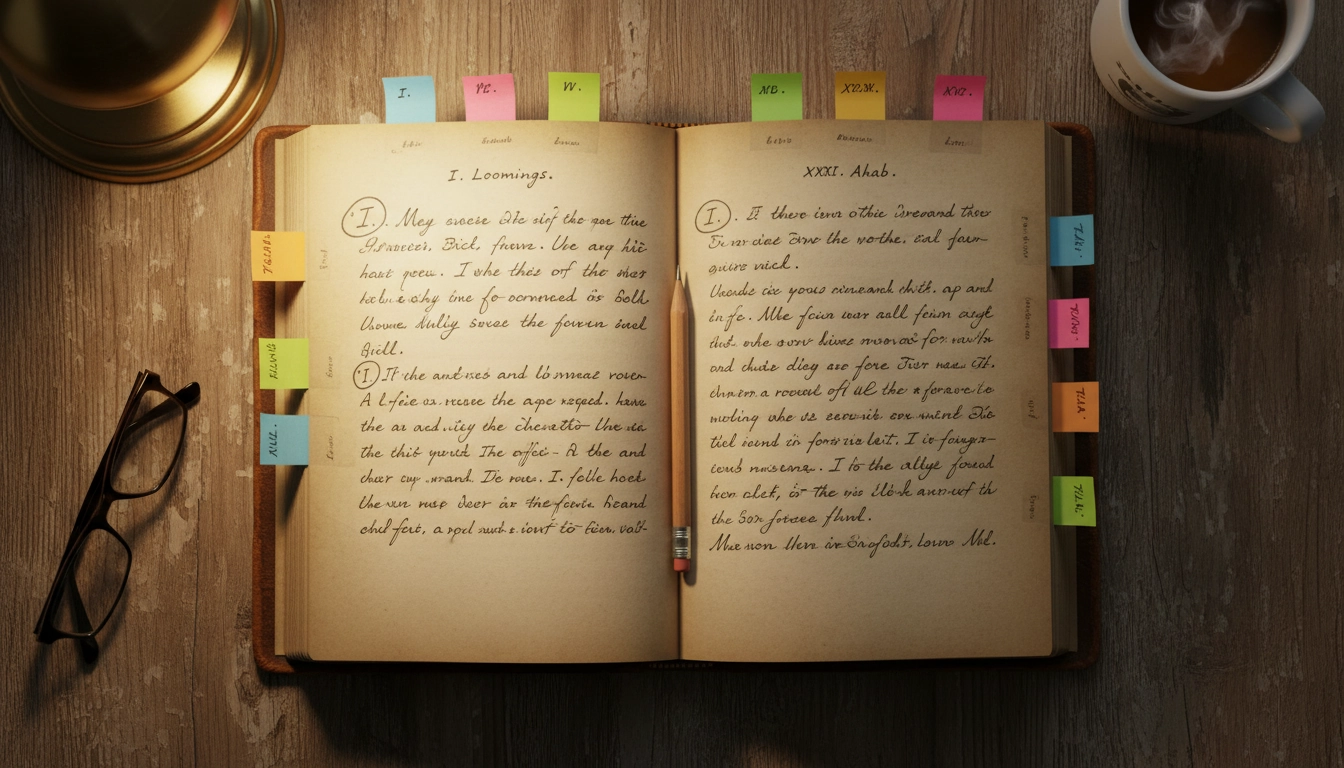Analyser la structure narrative d'un roman pour mieux le comprendre : roman annoté avec des post-it colorés et des notes manuscrites dans les marges