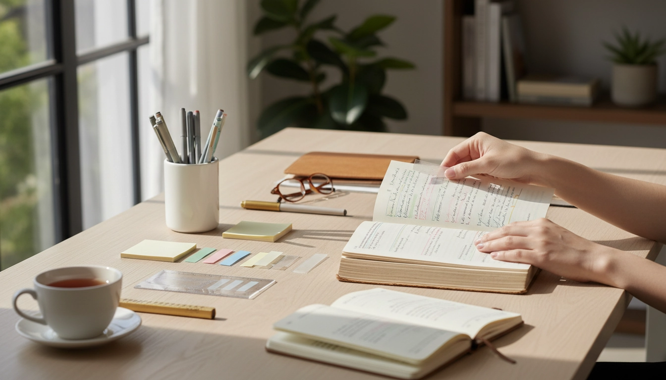 Démonstration de comment annoter un livre sans l'abîmer en utilisant des stylos fins et des surligneurs de qualité professionnelle