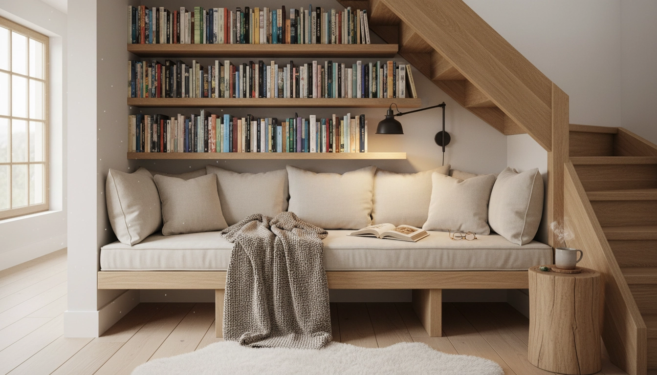 Transformer recoins oubliés en espace lecture douillet sous un escalier avec banquette sur mesure et étagères de livres