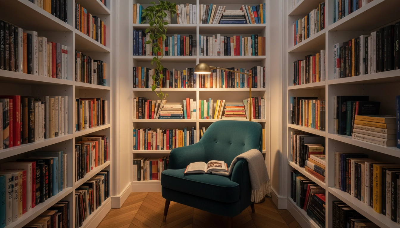 Alcôve d'appartement haussmannien transformée en coin lecture intime avec bibliothèque intégrée et fauteuil en velours