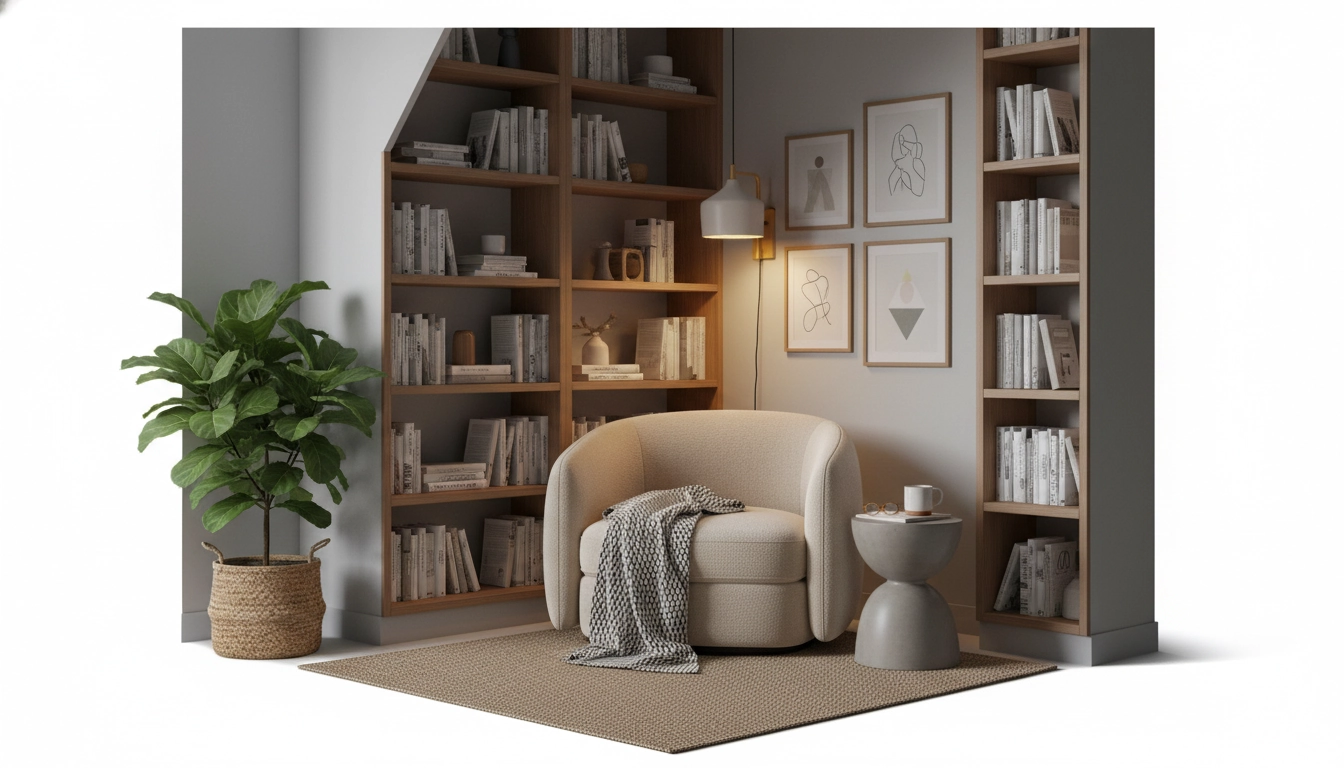 Recoin sous un escalier transformé en espace lecture cosy avec banquette, coussins et étagères de livres