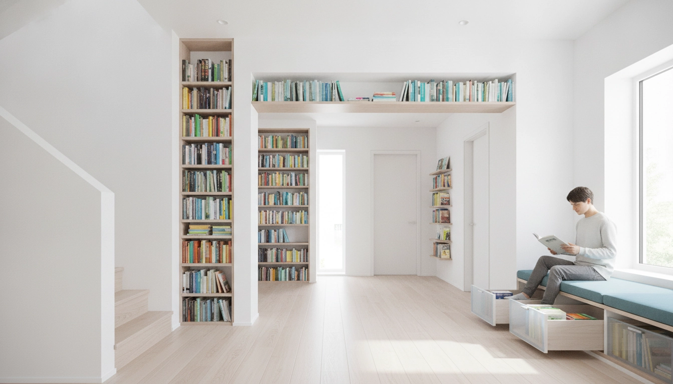 Rangement créatif de livres sous un escalier moderne avec des astuces rangement livres espaces inexploités maison