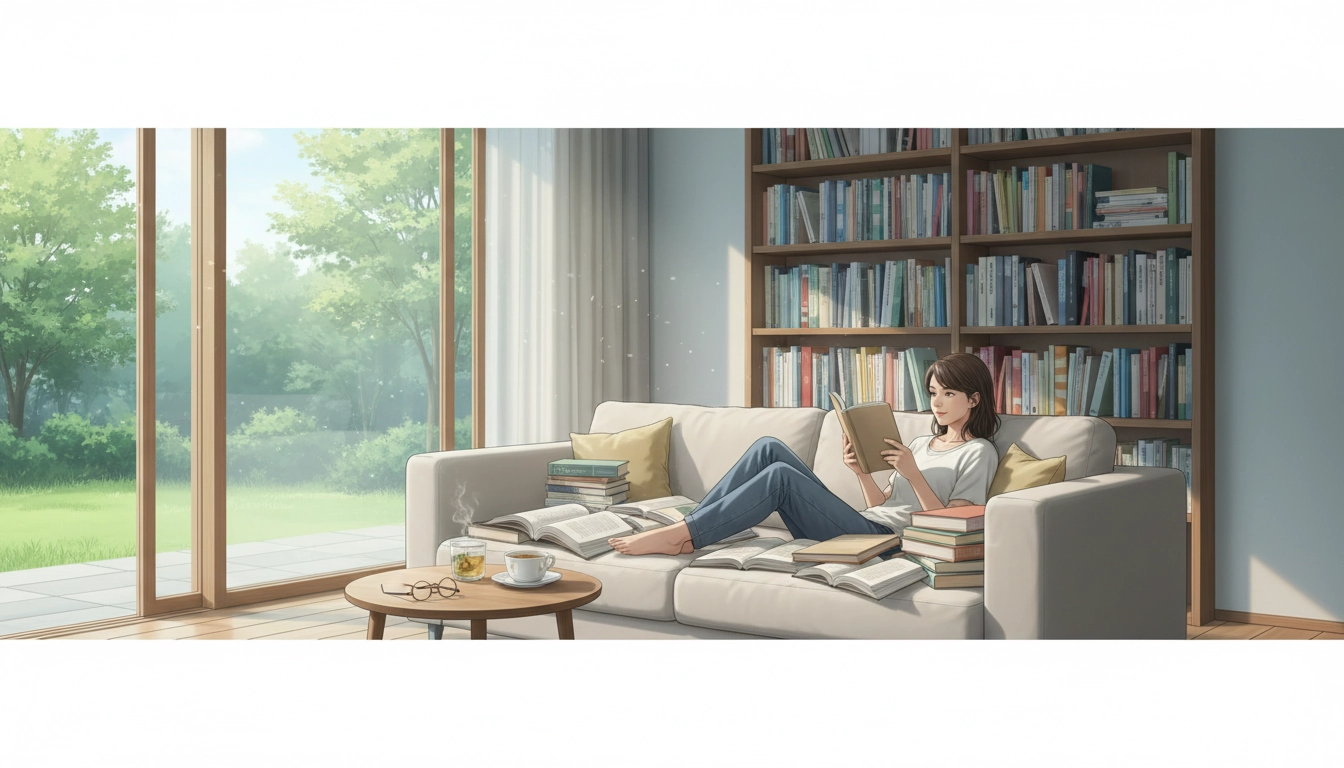 Une personne détente lisant un livre dans un cadre apaisé illustrant la bibliothérapie pour gérer le stress quotidien