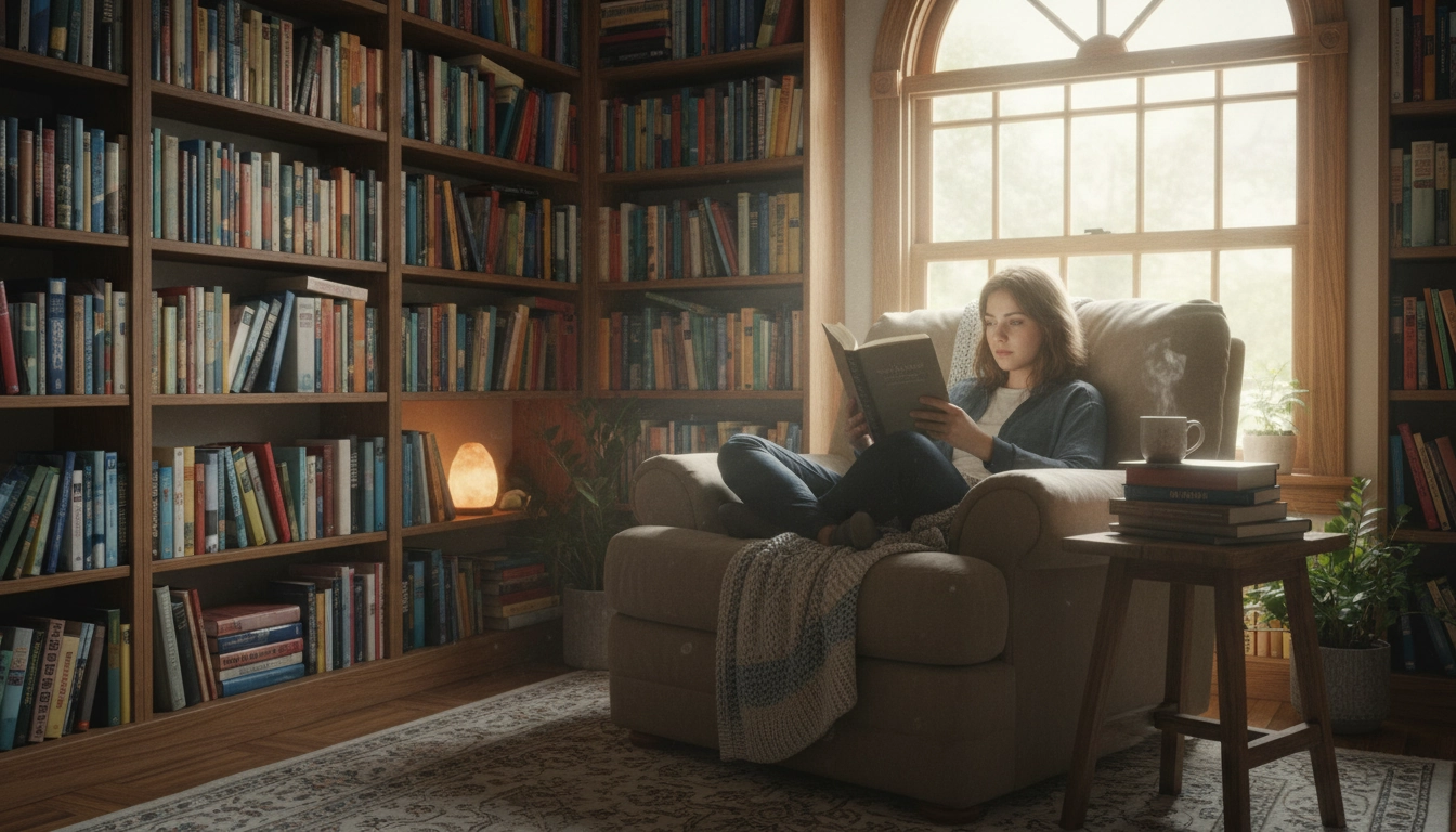 Personne plongée dans un livre dans un coin lecture chaleureux, symbole des bienfaits de la lecture sur le bien-être