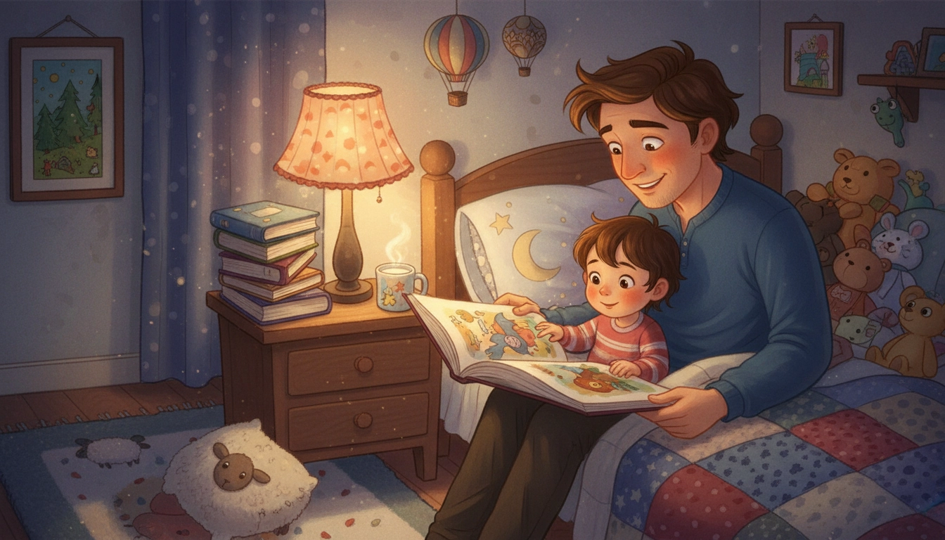 Parent lisant une histoire à son enfant le soir, illustrant les bienfaits de la lecture dès le plus jeune âge