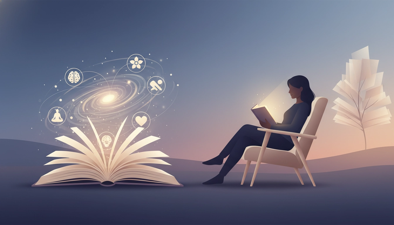 Femme lisant un livre dans un fauteuil confortable, illustrant les bienfaits de la lecture sur le bien-être