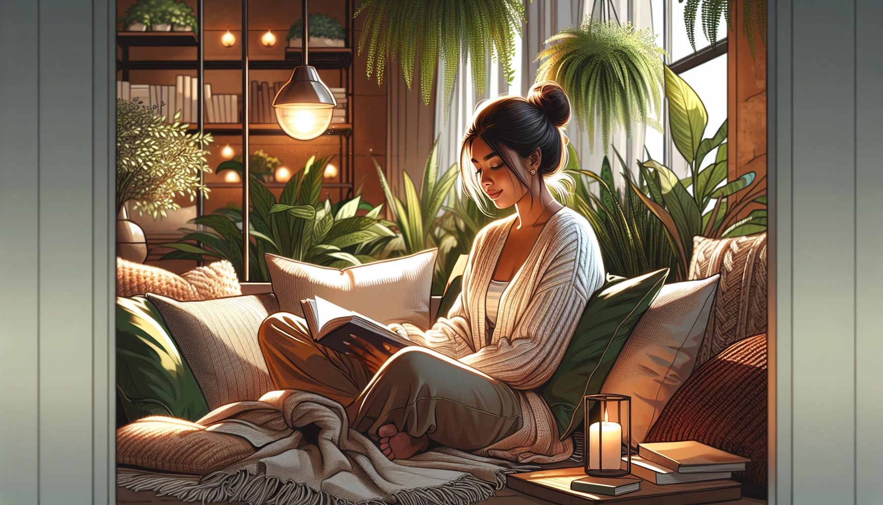 Illustration apaisante montrant pourquoi je me sens calme après avoir lu un livre dans un environnement confortable