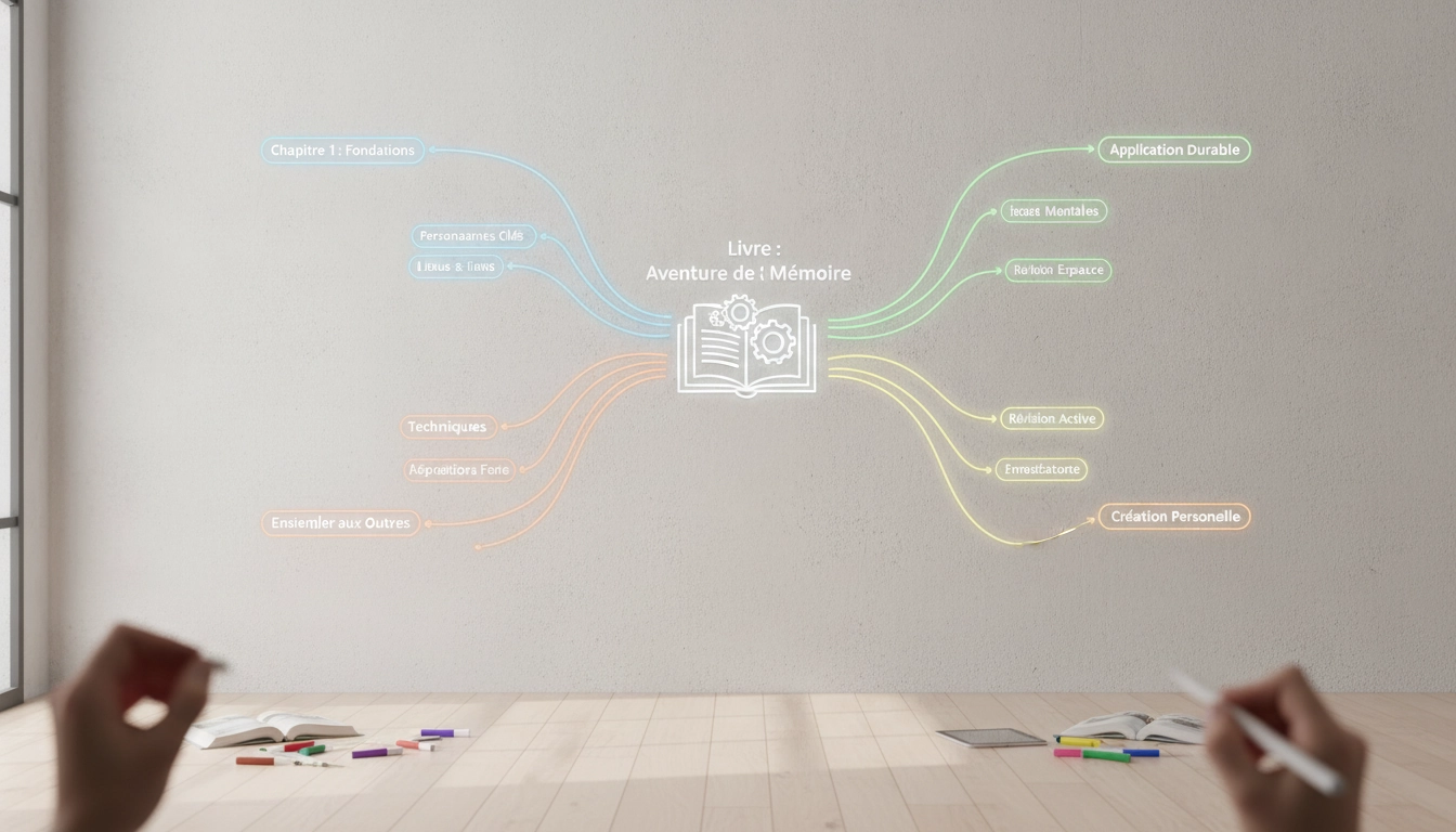 Une personne utilisant une carte mentale mind map pour mémoriser le contenu d'un livre sur un bureau bien organisé.