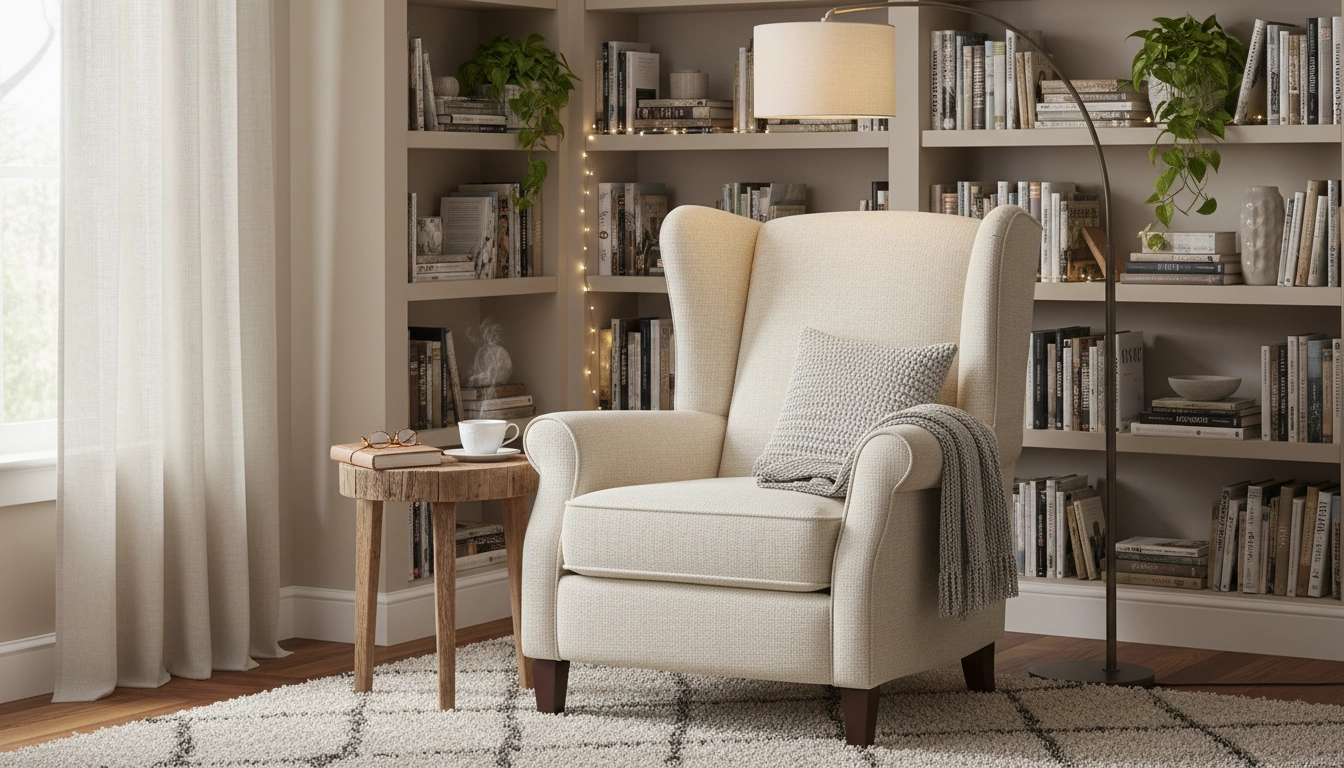 Fauteuil confortable avec soutien lombaire intégré dans un coin lecture chaleureux
