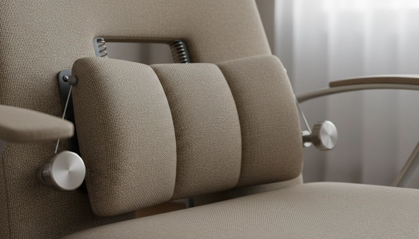 Détail du mécanisme de soutien lombaire réglable d'une chaise de lecture avec soutien lombaire ergonomique