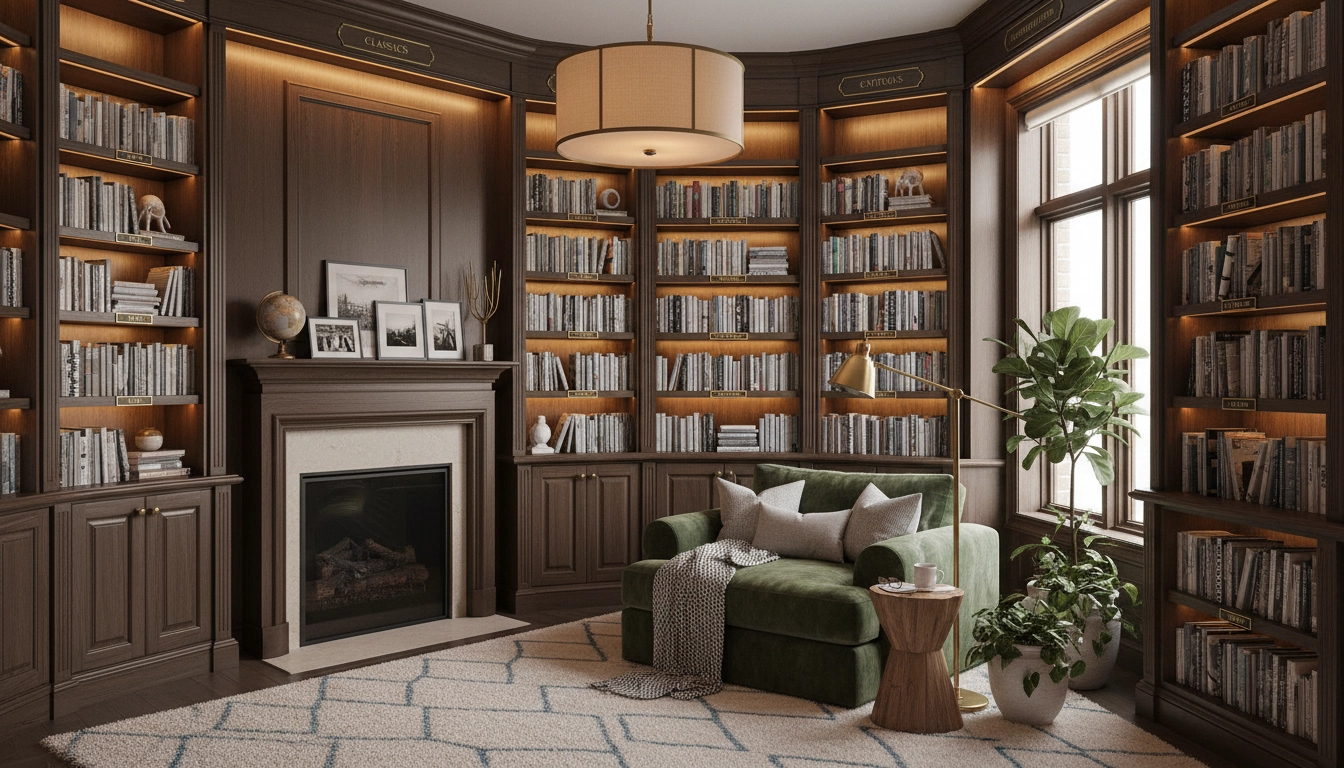 Bibliothèque personnelle avec un classement de bibliothèque par genre et auteur, lumière chaleureuse