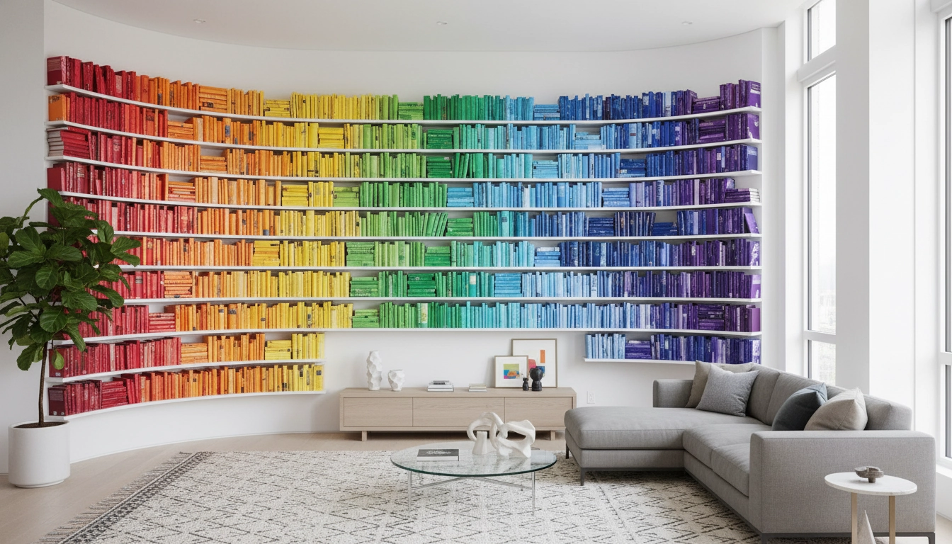 Étagère de livres classés par couleur formant un dégradé arc-en-ciel décoratif dans un salon moderne