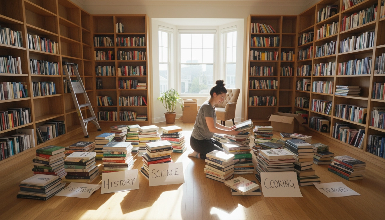 Personne en train de réorganiser sa bibliothèque avec des piles de livres triés par catégorie sur le sol
