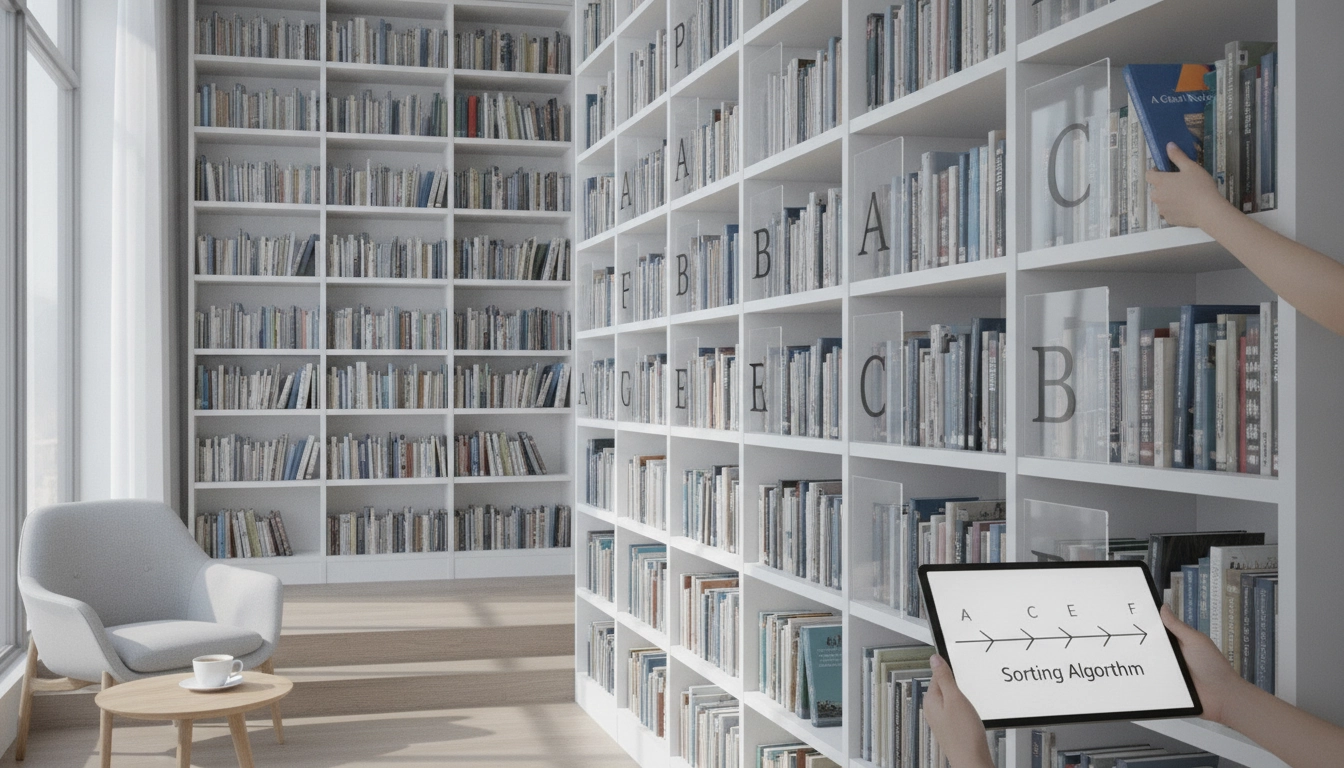 Une bibliothèque élégante avec un classement livres par auteur ordre alphabétique méthode parfaitement organisé.