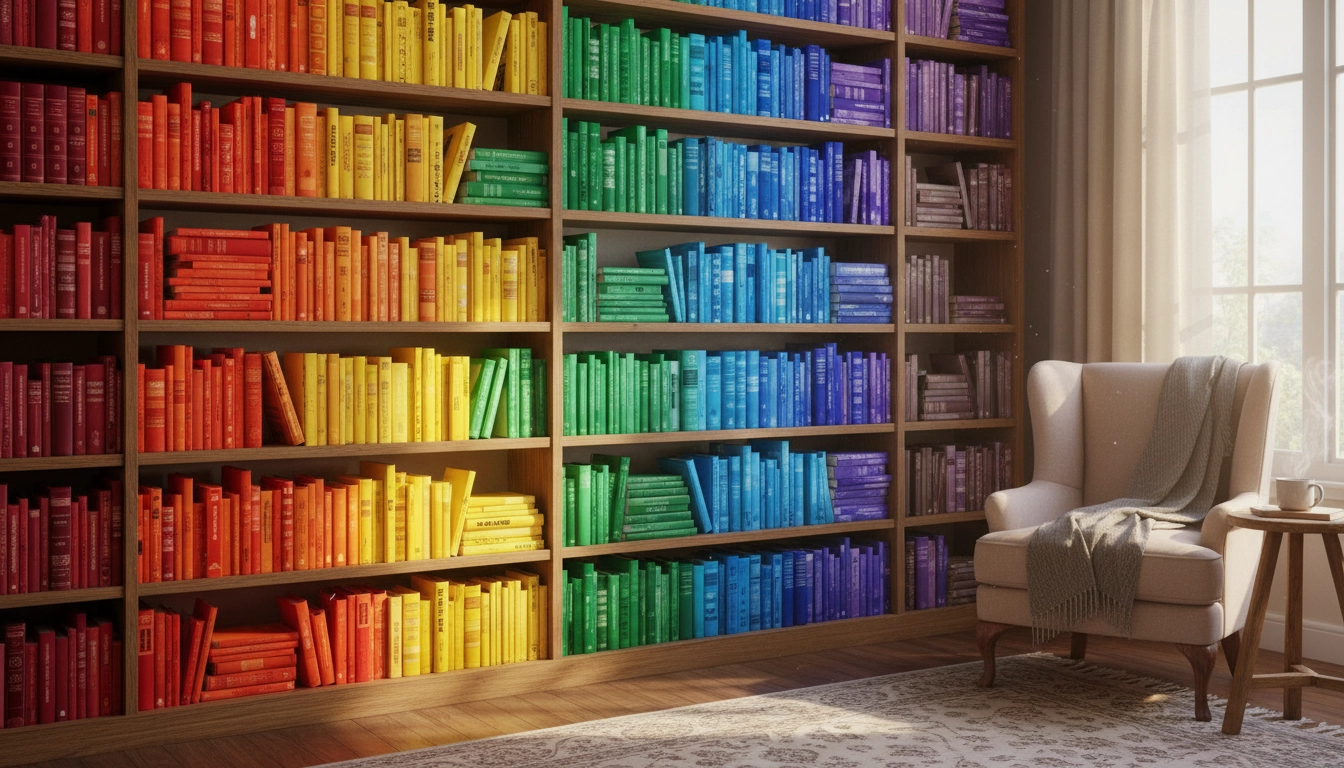 Bibliothèque rainbow avec classement des livres par couleur avantages inconvénients visuellement representés