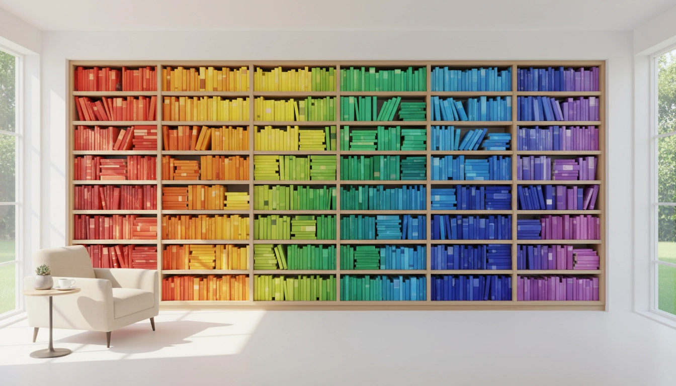Bibliothèque organisée par couleur montrant les avantages et inconvénients du classement des livres par couleur
