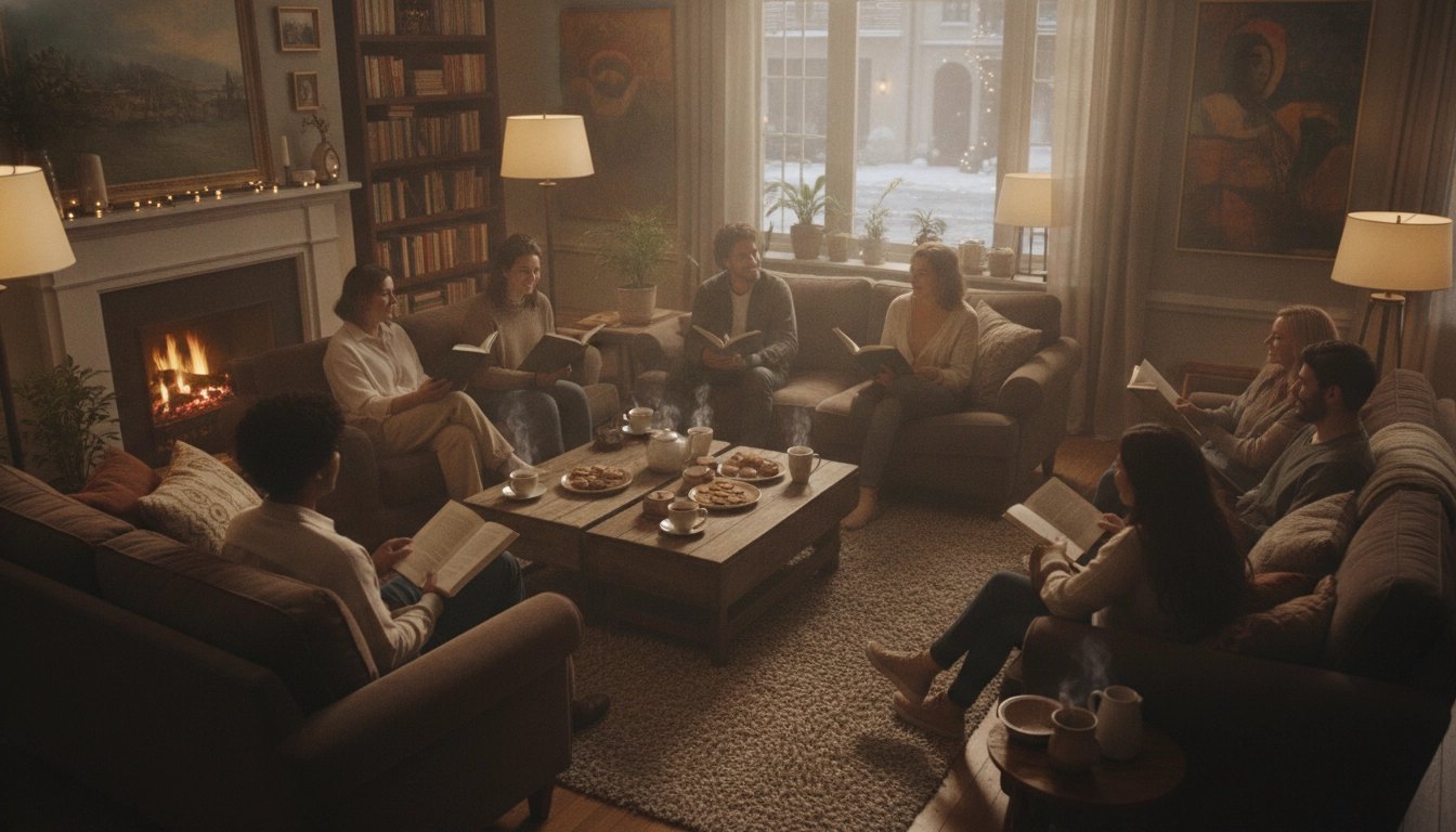 Un groupe d'amis discutant dans un salon, idéal pour rejoindre un club de lecture pour rester motivé à lire
