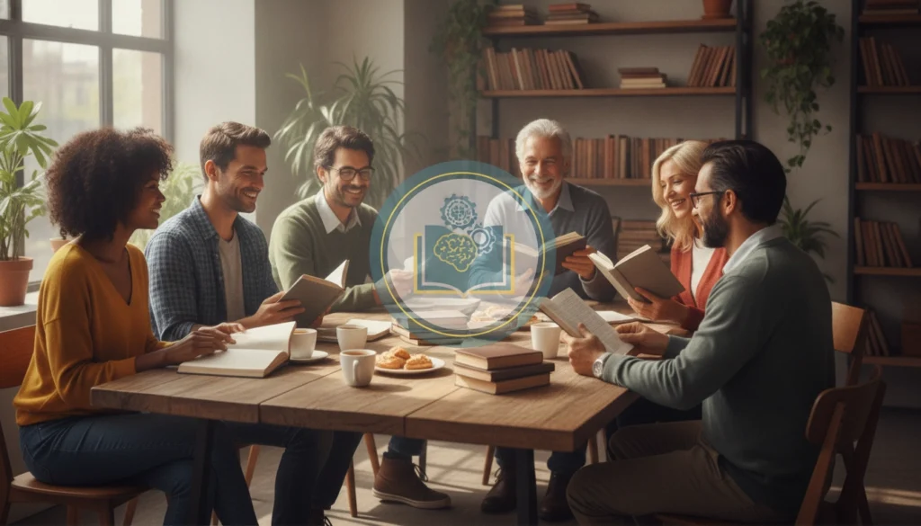 Un groupe de personnes discutant passionnément autour de livres pour illustrer le fait de rejoindre un club de lecture pour rester motivé à lire