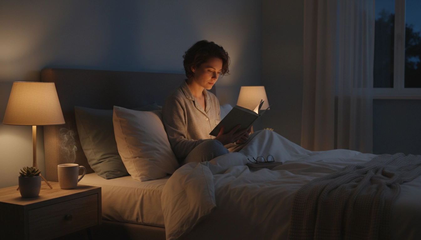 Une chambre confortable le soir où une personne lit un livre sous une lampe douce pour déterminer combien de pages lire le soir avant de dormir