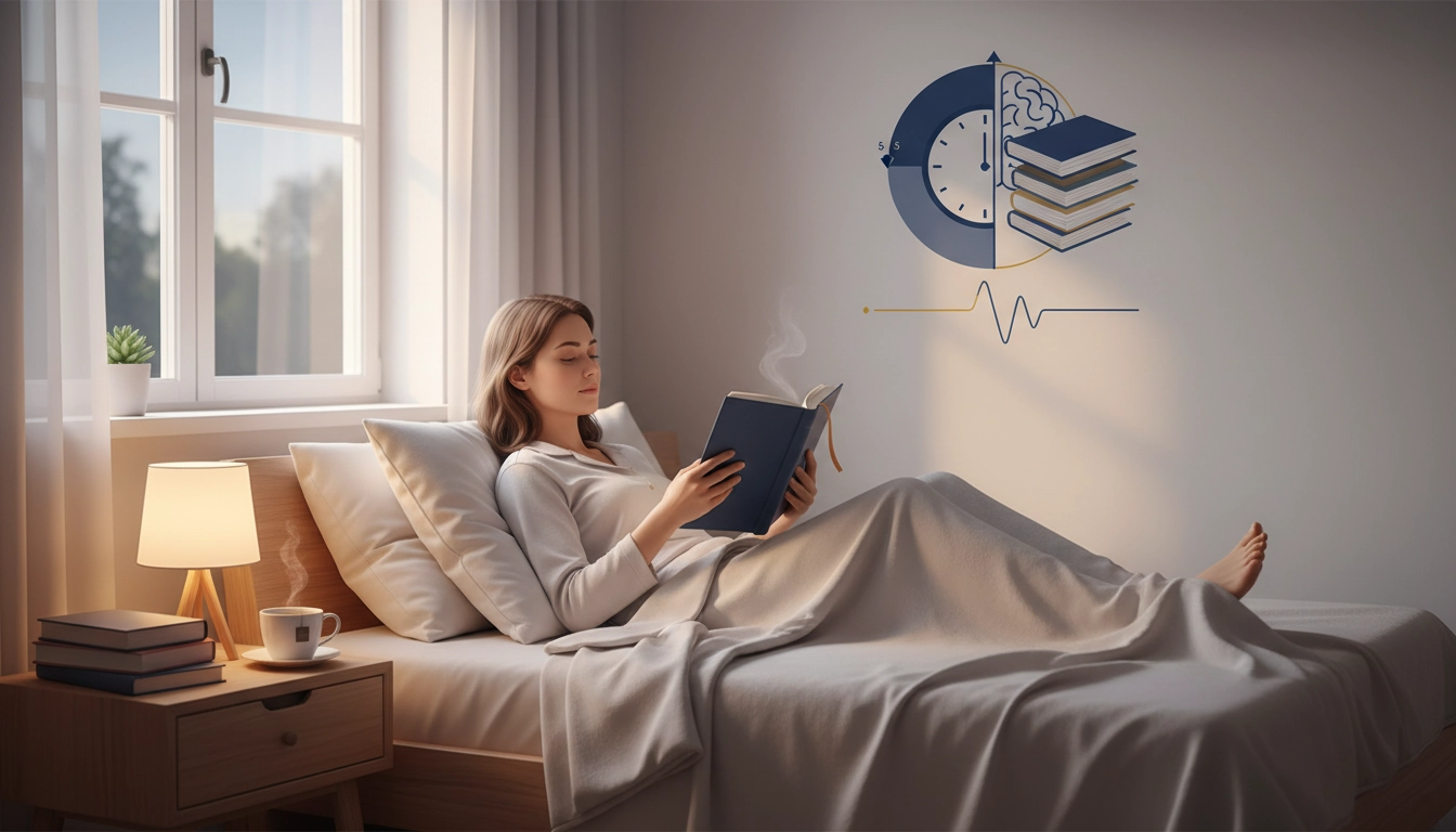 Une personne lisant un livre au lit le soir avec une lampe de lecture douce pour déteminer combien de pages lire avant de dormir