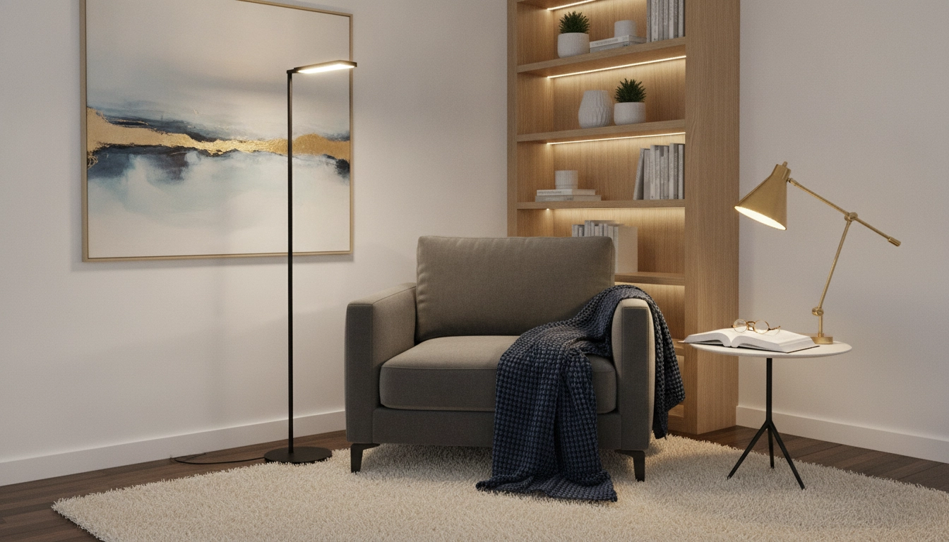 Un coin lecture confortable avec un mélange parfait de lampes directes et indirectes
