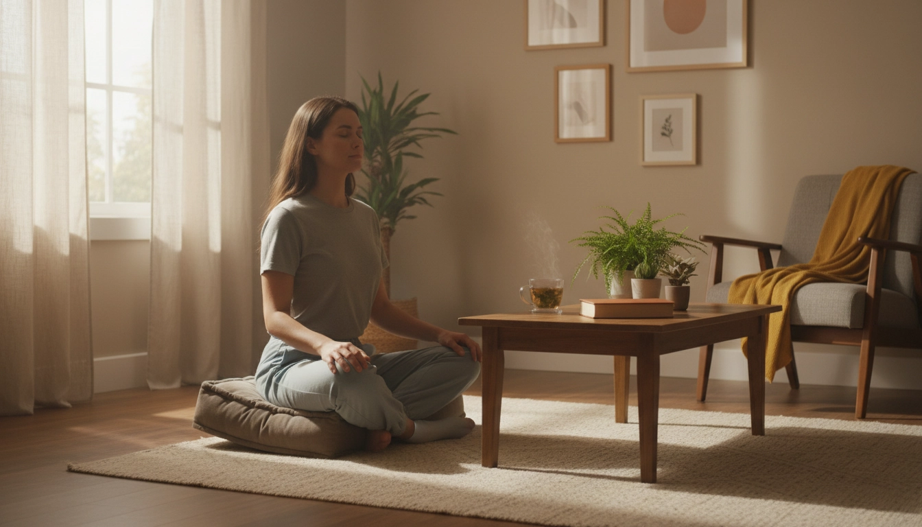 Personne pratiquant des exercices de respiration profonde pour améliorer la concentration avant une session de lecture