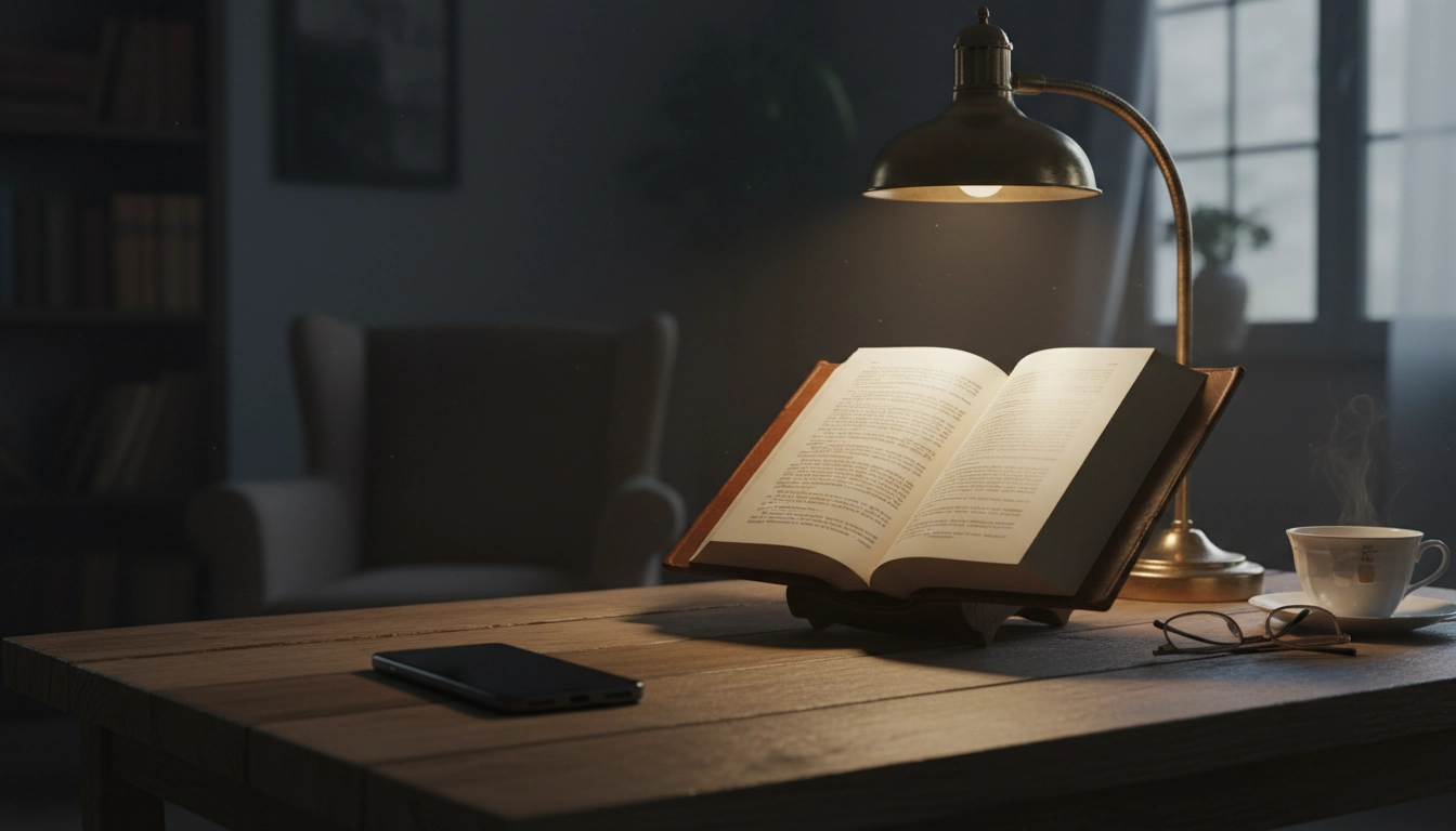 Téléphone retourné loin d'un livre ouvert pour protéger la concentration lors d'une lecture approfondie sans distractions numériques