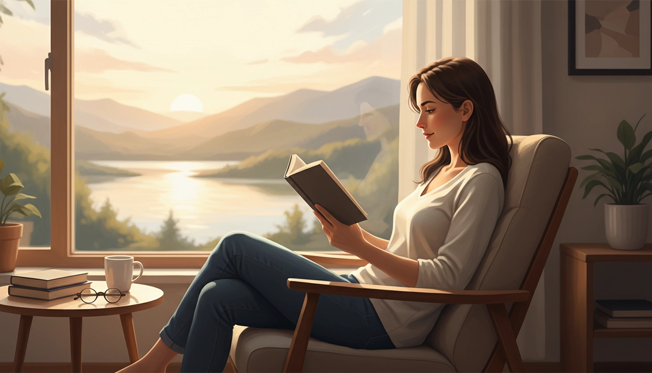 Personne lisant un livre avec une concentration lecture approfondie dans un fauteuil confortable près d'une fenêtre lumineuse