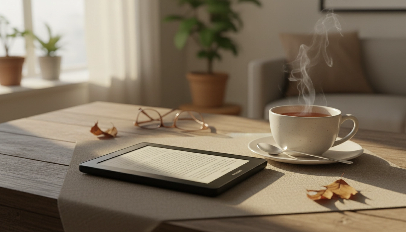 Liseuse e-ink posée sur une table en bois illustrant le confort visuel liseuse avec une lumière naturelle douce