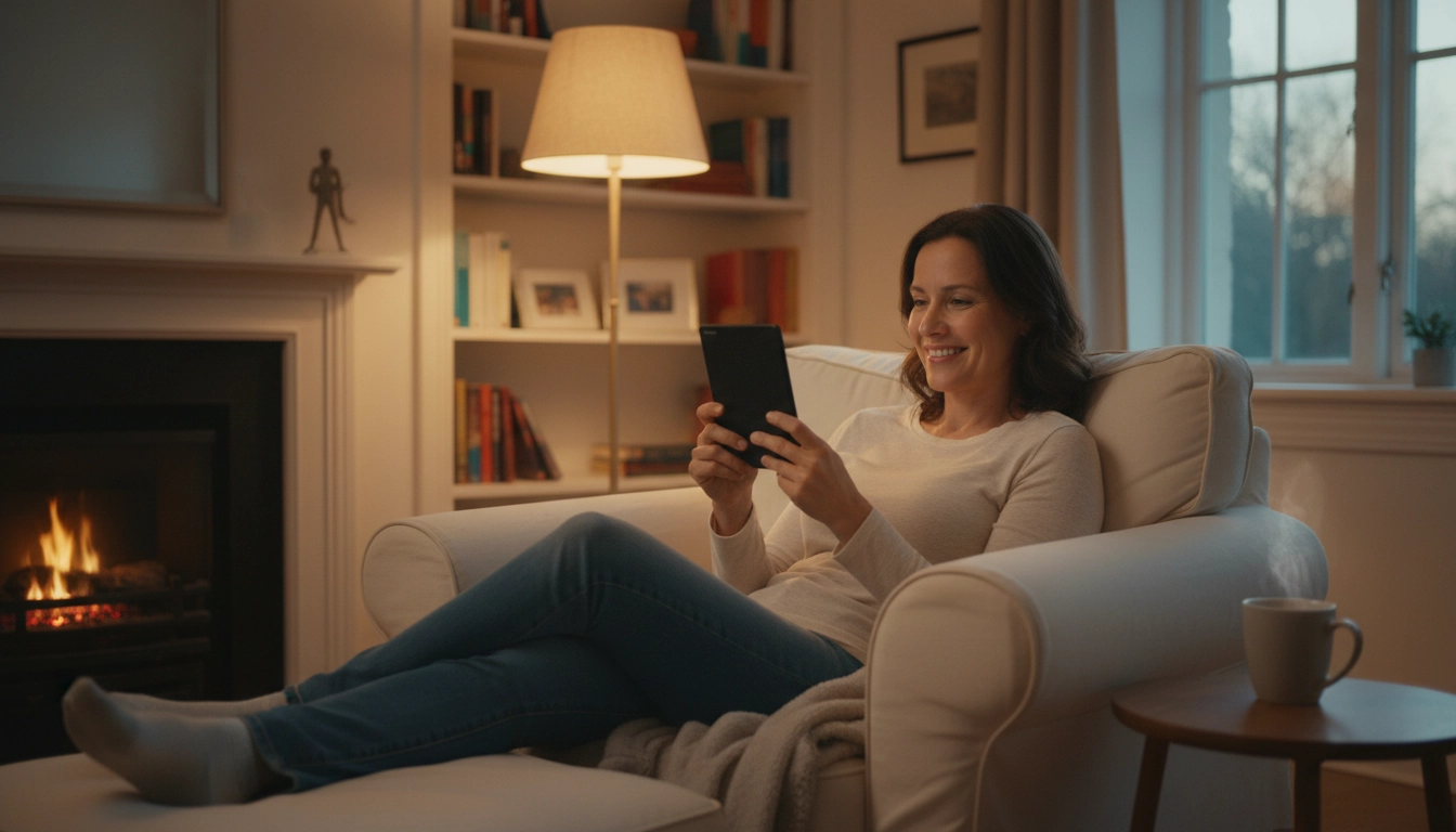 Personne lisant sur une liseuse à la bonne distance avec un éclairage ambiant équilibré pour préserver le confort visuel