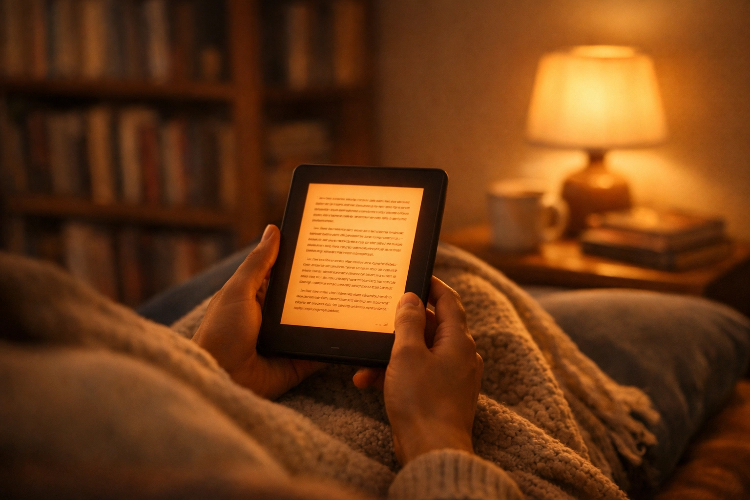 Lecteur utilisant une liseuse e-ink avec éclairage ambre en soirée pour un confort visuel optimal et une protection des yeux avant le sommeil