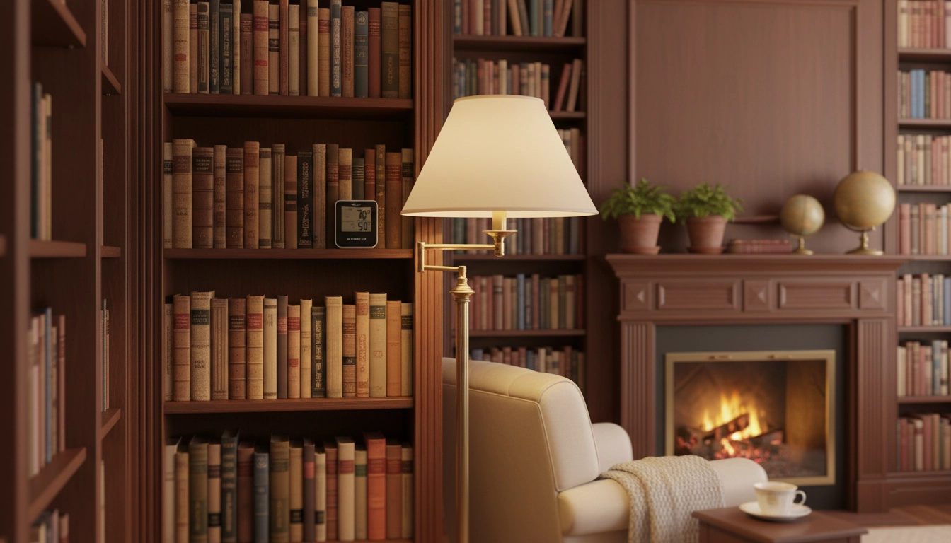 Hygromètre numérique posé sur une étagère de bibliothèque pour surveiller la conservation humidité livres